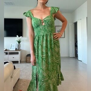 Green Patterned Midi Dress with Keyhole Front